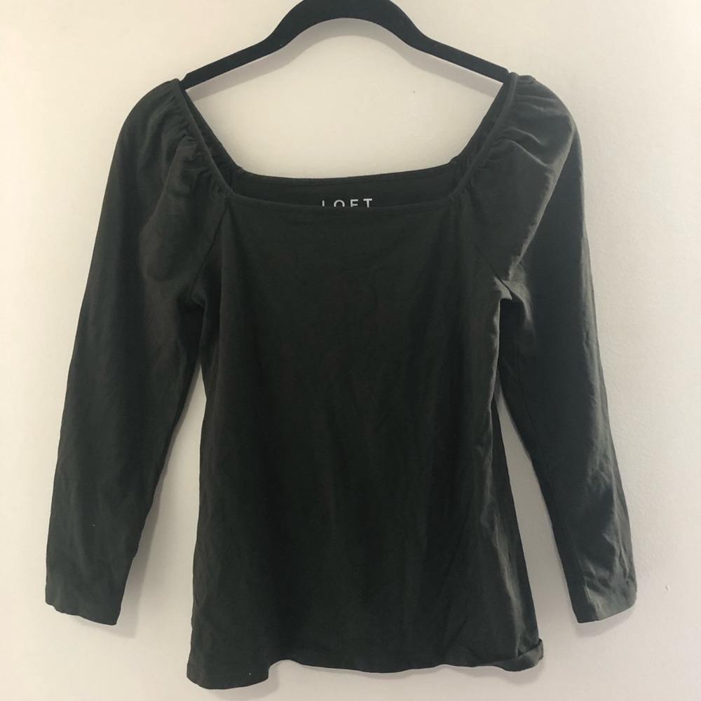 Loft Square Neck Puff Sleeve Tee in Italian Olive, Size XS
